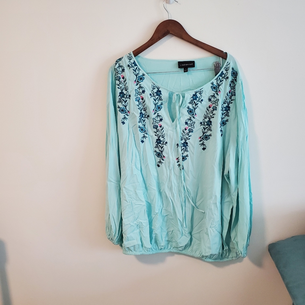 Lane Bryant bohemian embroidered Prarie cottagecore flowy blouse teal size 28